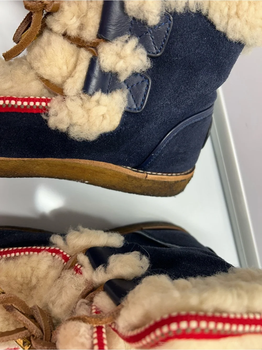 Vintage Tory Burch Shearling-Trim Navy Winter Boots with Red Trim